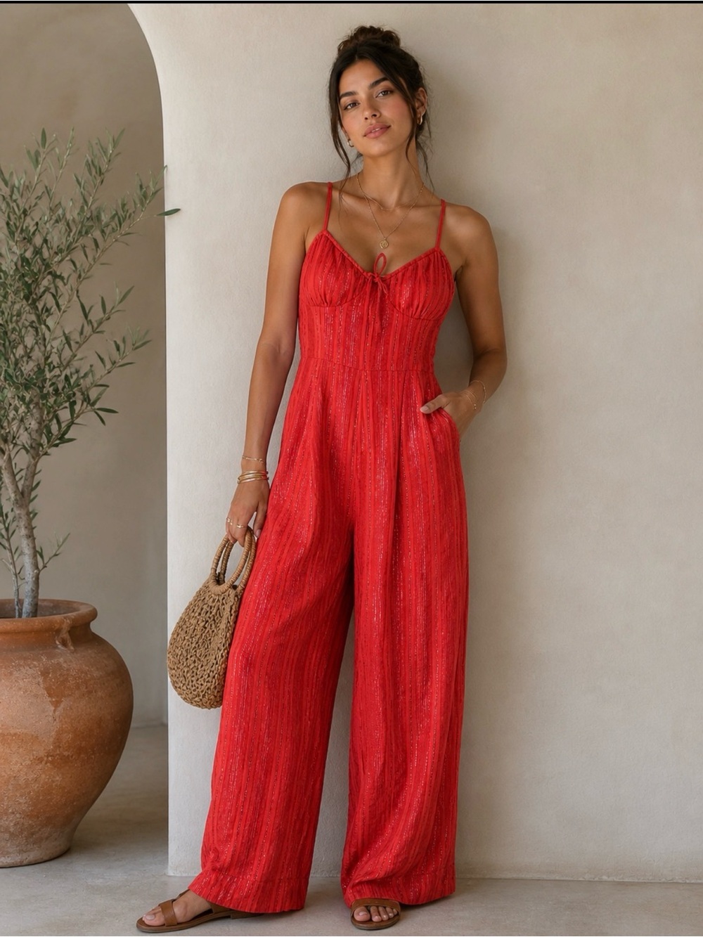 Cleobella orange striped shimmer jumpsuit, wide leg cotton sweetheart neck Small